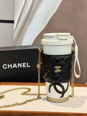 NEW Chanel Beaute GWP Thermos Coffee Tumbler w/Quilted Vegan Leather Holder